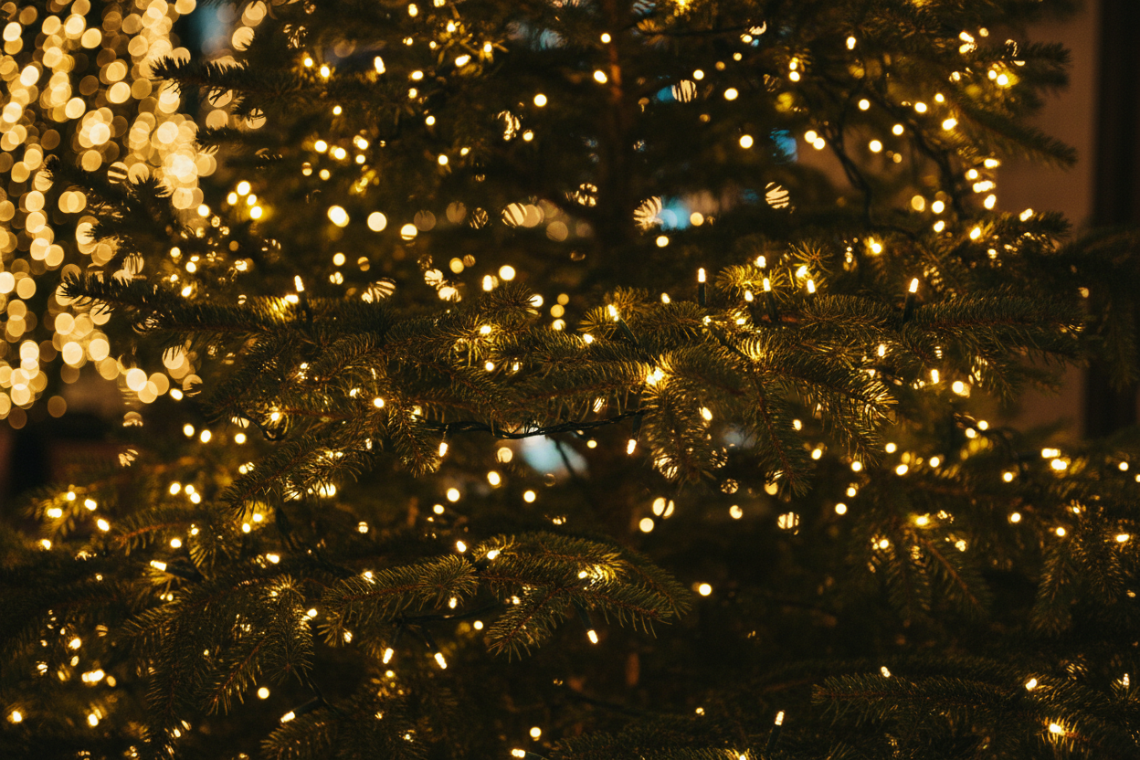 Foto van takken kerstboom in kerstsfeer met lichtjes, maar niet met andere versiering.